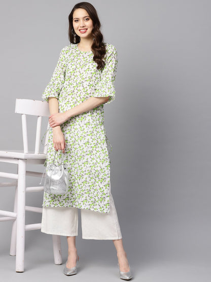 White And Green Colored Kurta With Flared Sleeves & Round Neck | LASVINI - Redefining Indian Fashion with Elegance