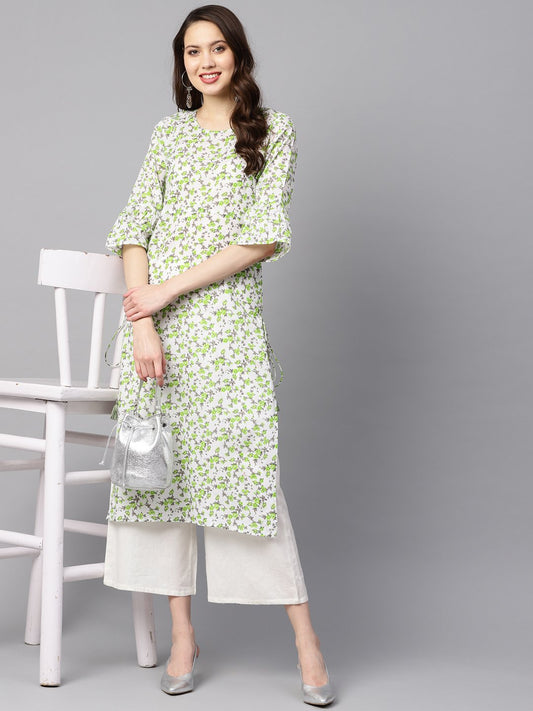 White And Green Colored Kurta With Flared Sleeves & Round Neck | LASVINI - Redefining Indian Fashion with Elegance
