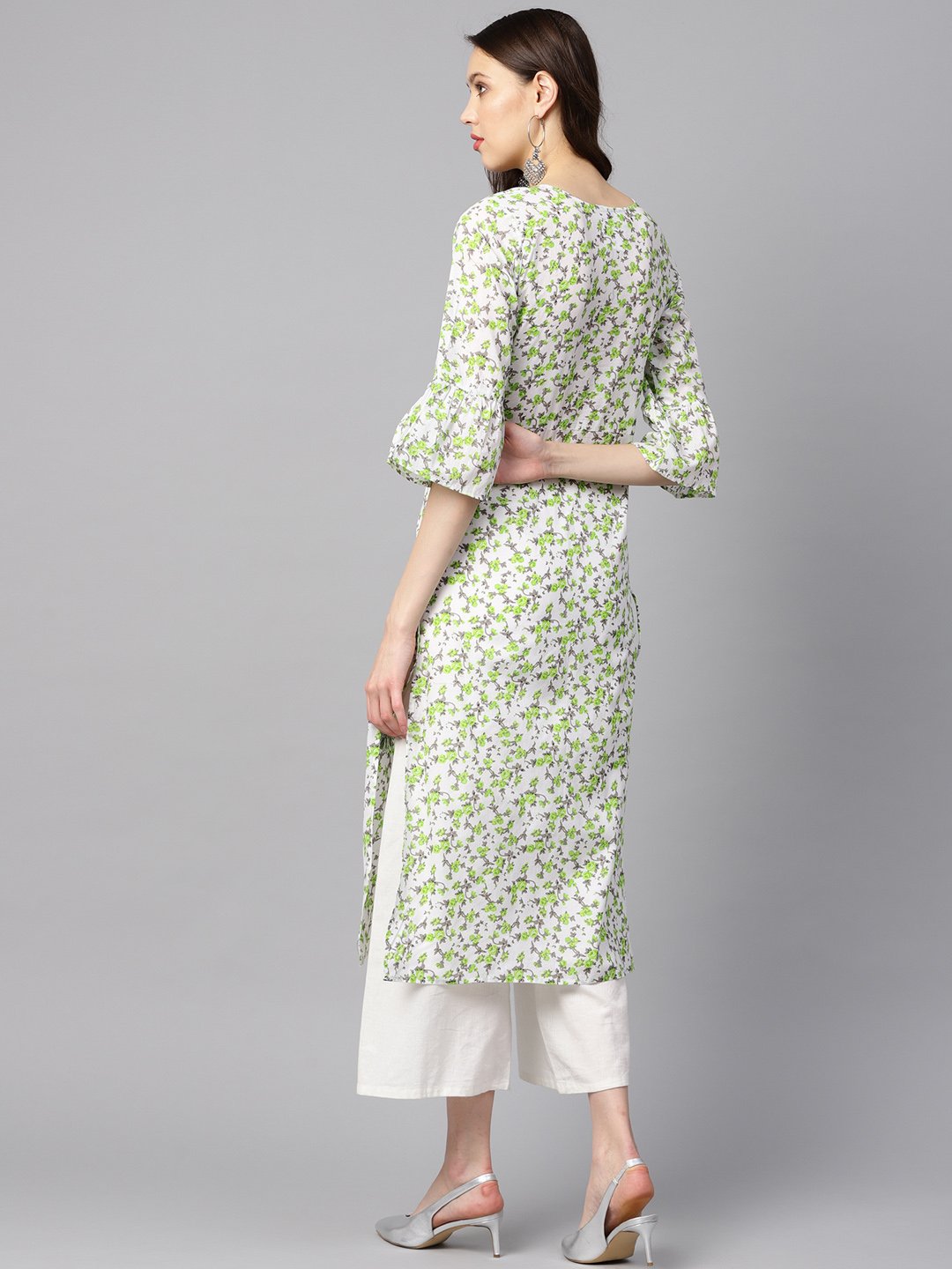 White And Green Colored Kurta With Flared Sleeves & Round Neck | LASVINI - Redefining Indian Fashion with Elegance