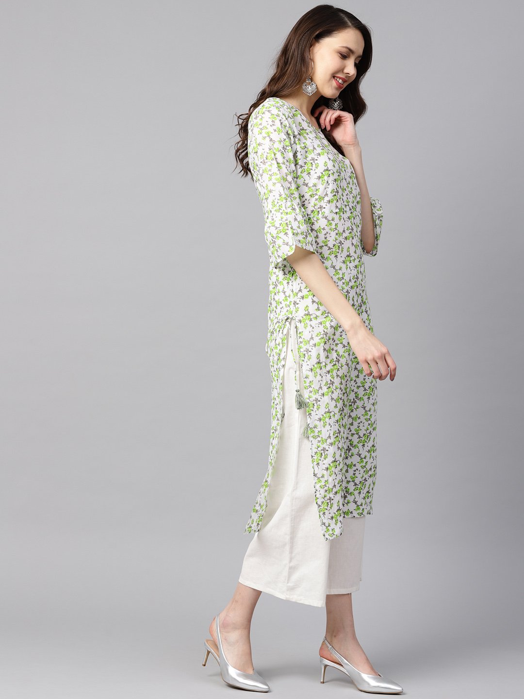 White And Green Colored Kurta With Flared Sleeves & Round Neck | LASVINI - Redefining Indian Fashion with Elegance