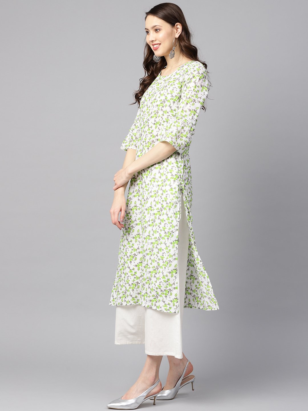 White And Green Colored Kurta With Flared Sleeves & Round Neck | LASVINI - Redefining Indian Fashion with Elegance