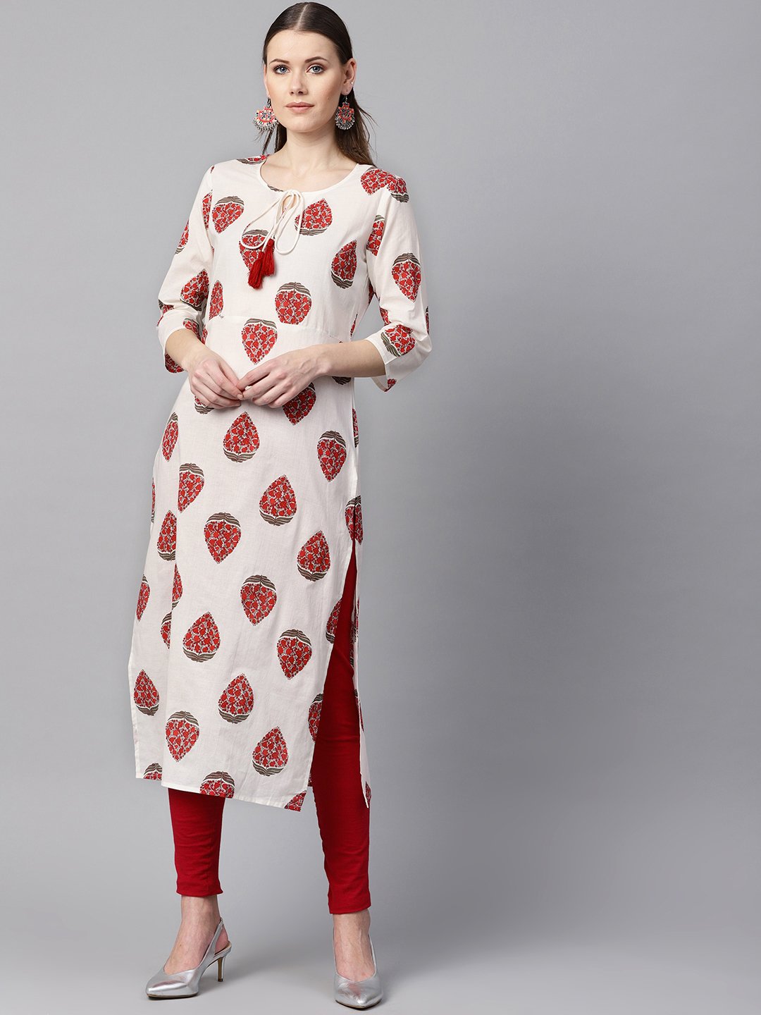 White & Red Printed Kurta With Keyhole Neck & 3/4 Sleeves | LASVINI - Redefining Indian Fashion with Elegance