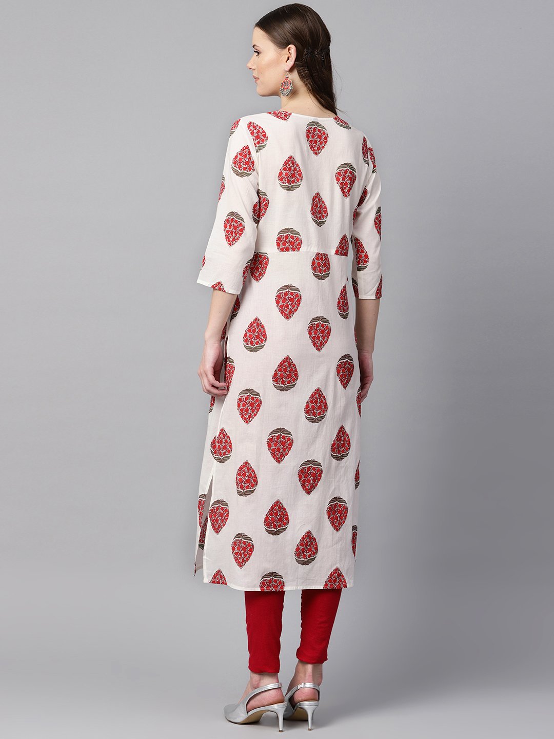 White & Red Printed Kurta With Keyhole Neck & 3/4 Sleeves | LASVINI - Redefining Indian Fashion with Elegance