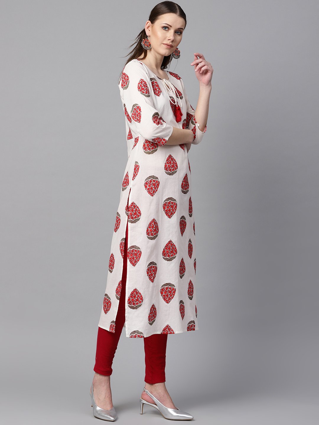 White & Red Printed Kurta With Keyhole Neck & 3/4 Sleeves | LASVINI - Redefining Indian Fashion with Elegance