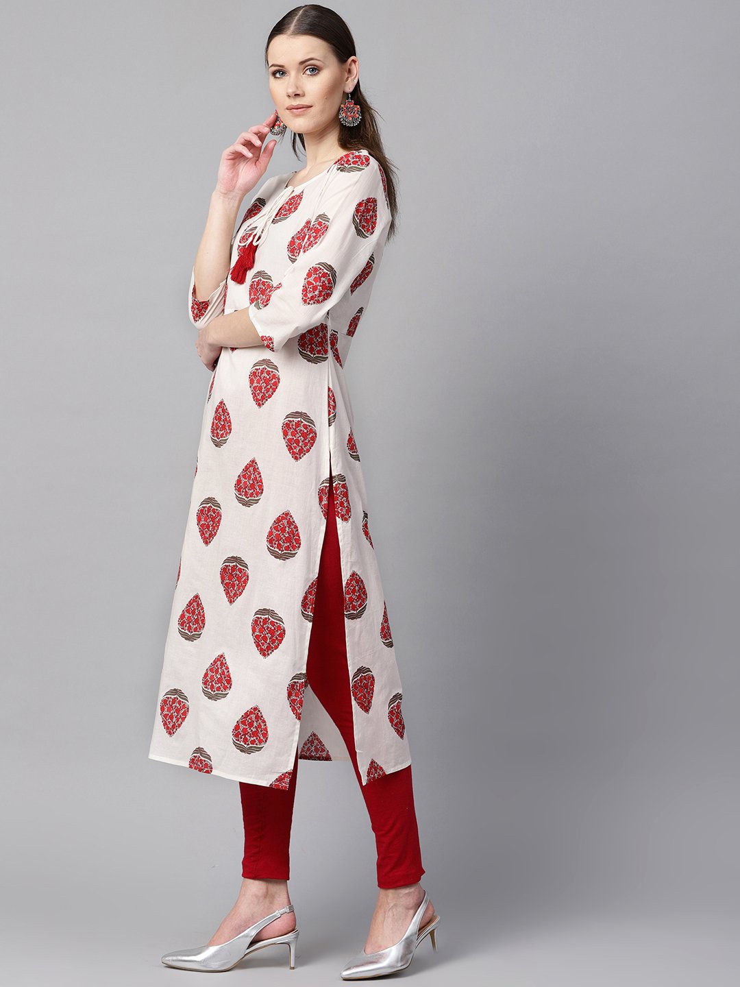 White & Red Printed Kurta With Keyhole Neck & 3/4 Sleeves | LASVINI - Redefining Indian Fashion with Elegance