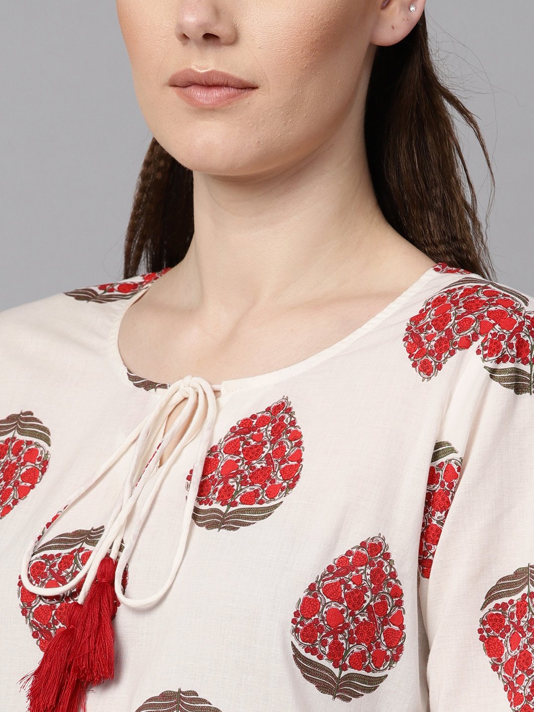 White & Red Printed Kurta With Keyhole Neck & 3/4 Sleeves | LASVINI - Redefining Indian Fashion with Elegance