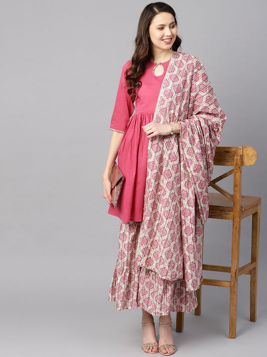 Pink Gathered Short Kurta With Printed Sharara & Dupatta | LASVINI - Redefining Indian Fashion with Elegance