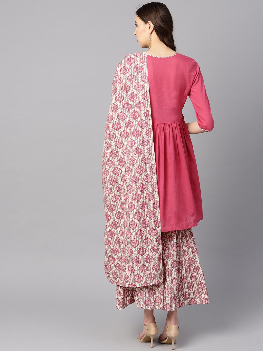 Pink Gathered Short Kurta With Printed Sharara & Dupatta | LASVINI - Redefining Indian Fashion with Elegance