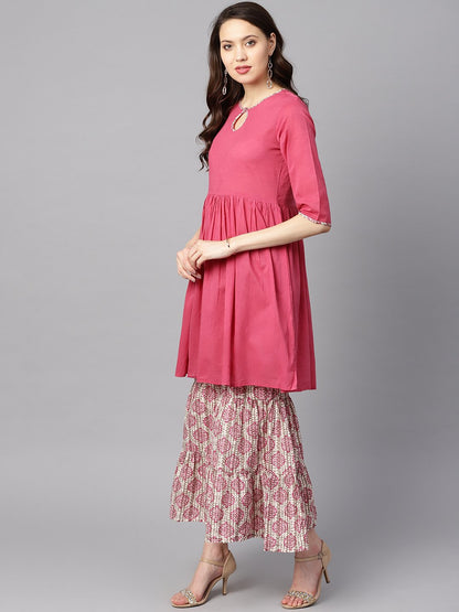 Pink Gathered Short Kurta With Printed Sharara & Dupatta | LASVINI - Redefining Indian Fashion with Elegance
