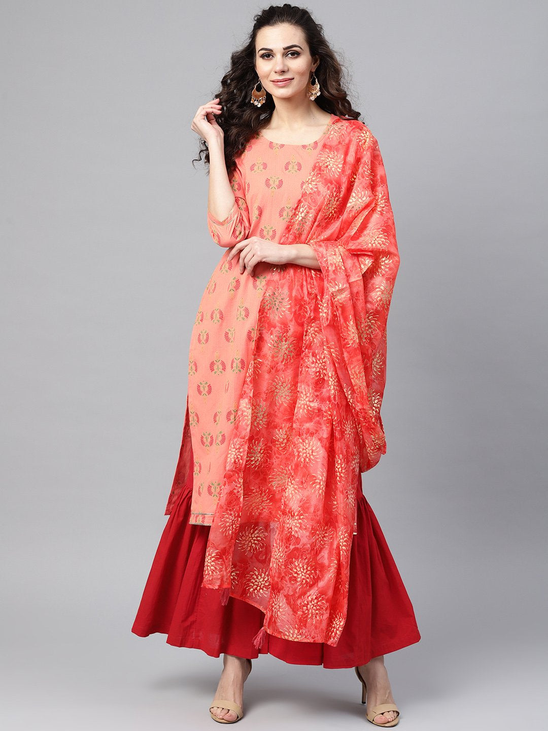 Coral Pink Printed Straight Kurta With Sharara & Gold Printed Organza Dupatta | LASVINI - Redefining Indian Fashion with Elegance