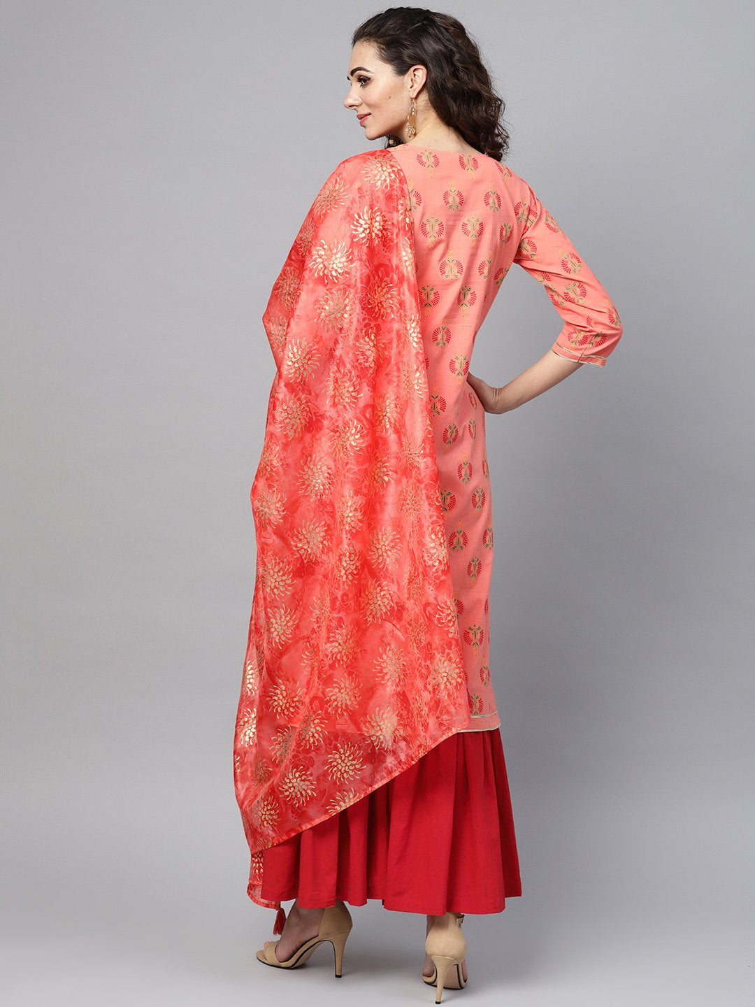 Coral Pink Printed Straight Kurta With Sharara & Gold Printed Organza Dupatta | LASVINI - Redefining Indian Fashion with Elegance