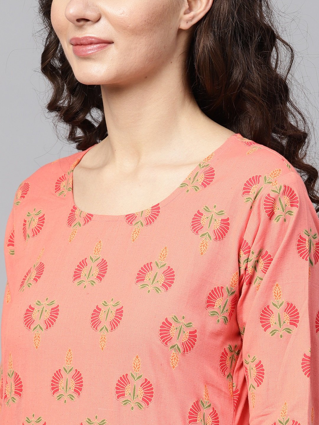 Coral Pink Printed Straight Kurta With Sharara & Gold Printed Organza Dupatta | LASVINI - Redefining Indian Fashion with Elegance