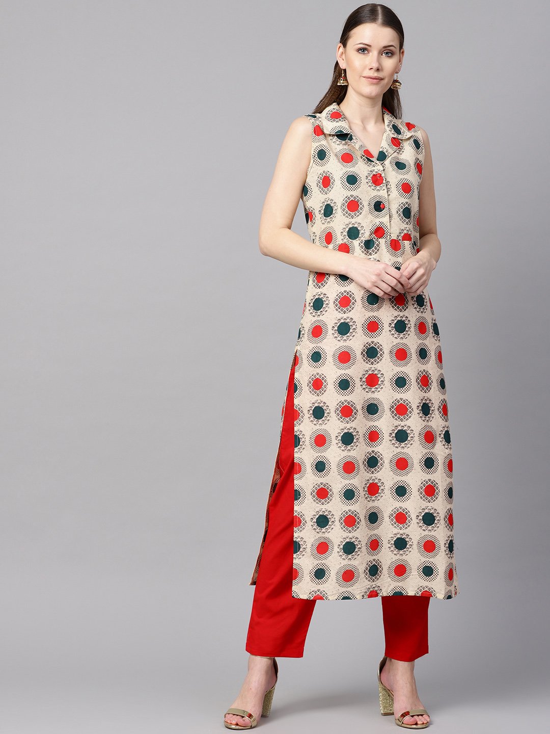 Cream Geometric Printed Straight Kurta With Solid Red Pants | LASVINI - Redefining Indian Fashion with Elegance