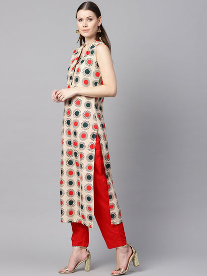 Cream Geometric Printed Straight Kurta With Solid Red Pants | LASVINI - Redefining Indian Fashion with Elegance