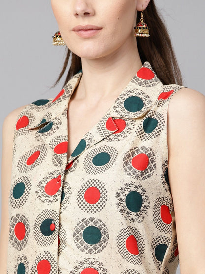 Cream Geometric Printed Straight Kurta With Solid Red Pants | LASVINI - Redefining Indian Fashion with Elegance