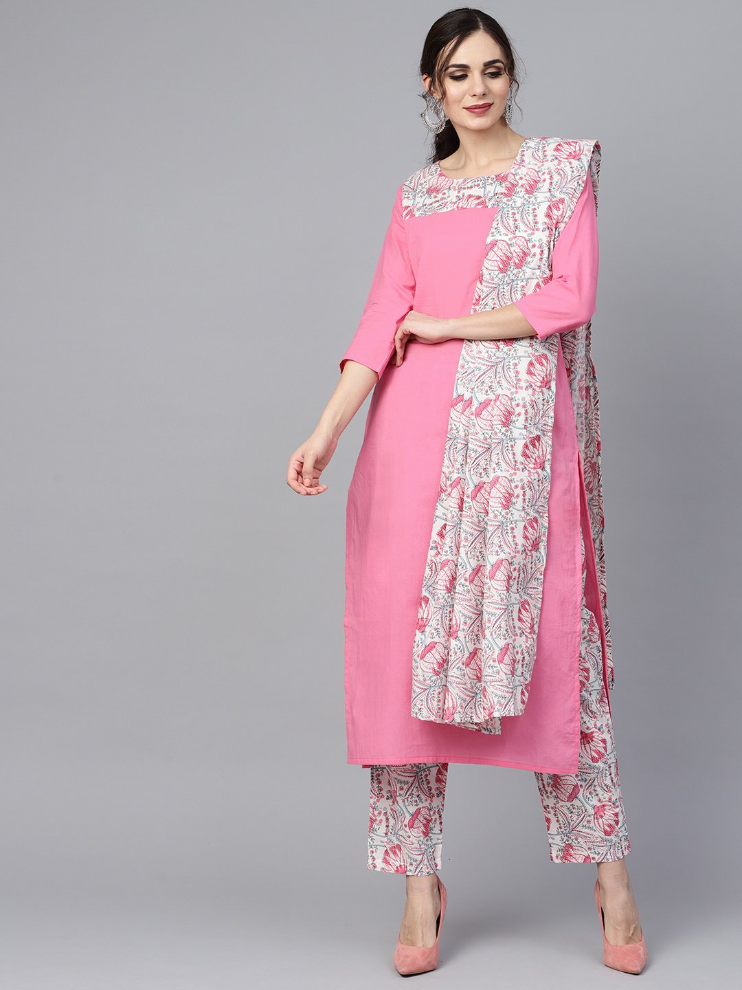 Solid 3/4Th Sleeve Pink Kurta With Printed Shoulder Yoke With Pants & Mul Printed Dupatta | LASVINI - Redefining Indian Fashion with Elegance