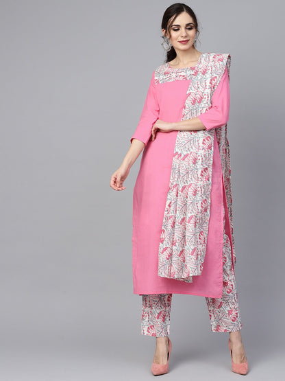 Solid 3/4Th Sleeve Pink Kurta With Printed Shoulder Yoke With Pants & Mul Printed Dupatta | LASVINI - Redefining Indian Fashion with Elegance