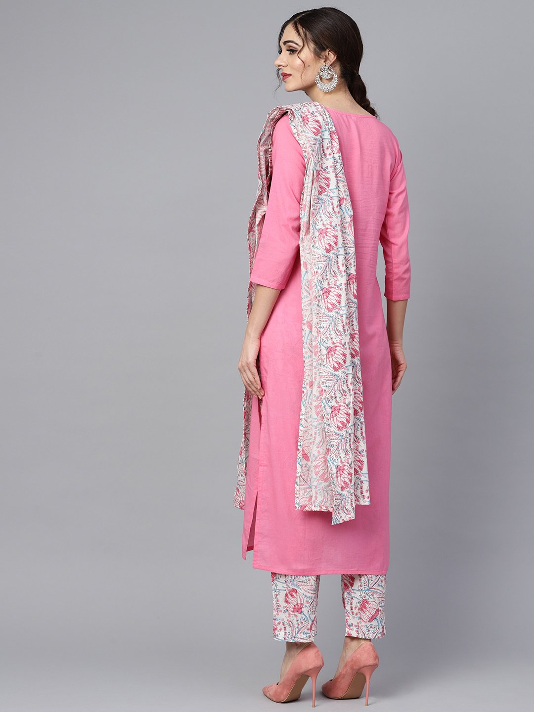 Solid 3/4Th Sleeve Pink Kurta With Printed Shoulder Yoke With Pants & Mul Printed Dupatta | LASVINI - Redefining Indian Fashion with Elegance