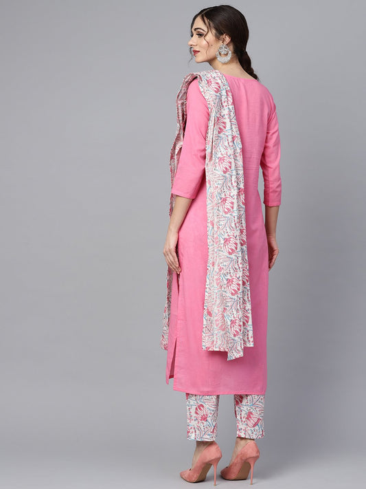 Solid 3/4Th Sleeve Pink Kurta With Printed Shoulder Yoke With Pants & Mul Printed Dupatta | LASVINI - Redefining Indian Fashion with Elegance