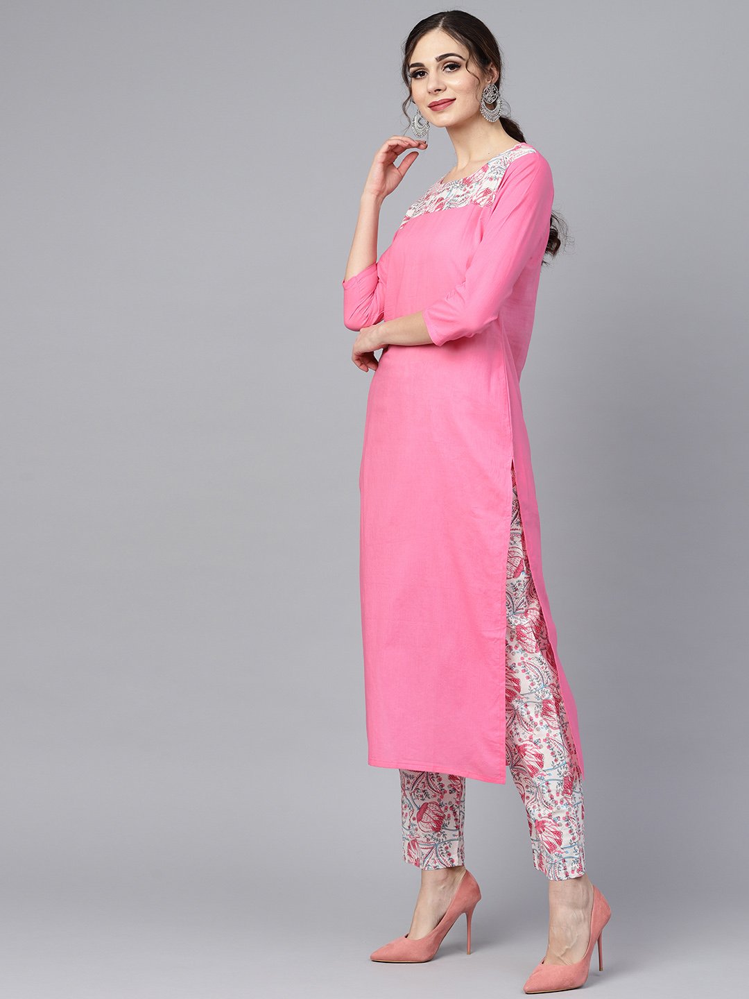 Solid 3/4Th Sleeve Pink Kurta With Printed Shoulder Yoke With Pants & Mul Printed Dupatta | LASVINI - Redefining Indian Fashion with Elegance