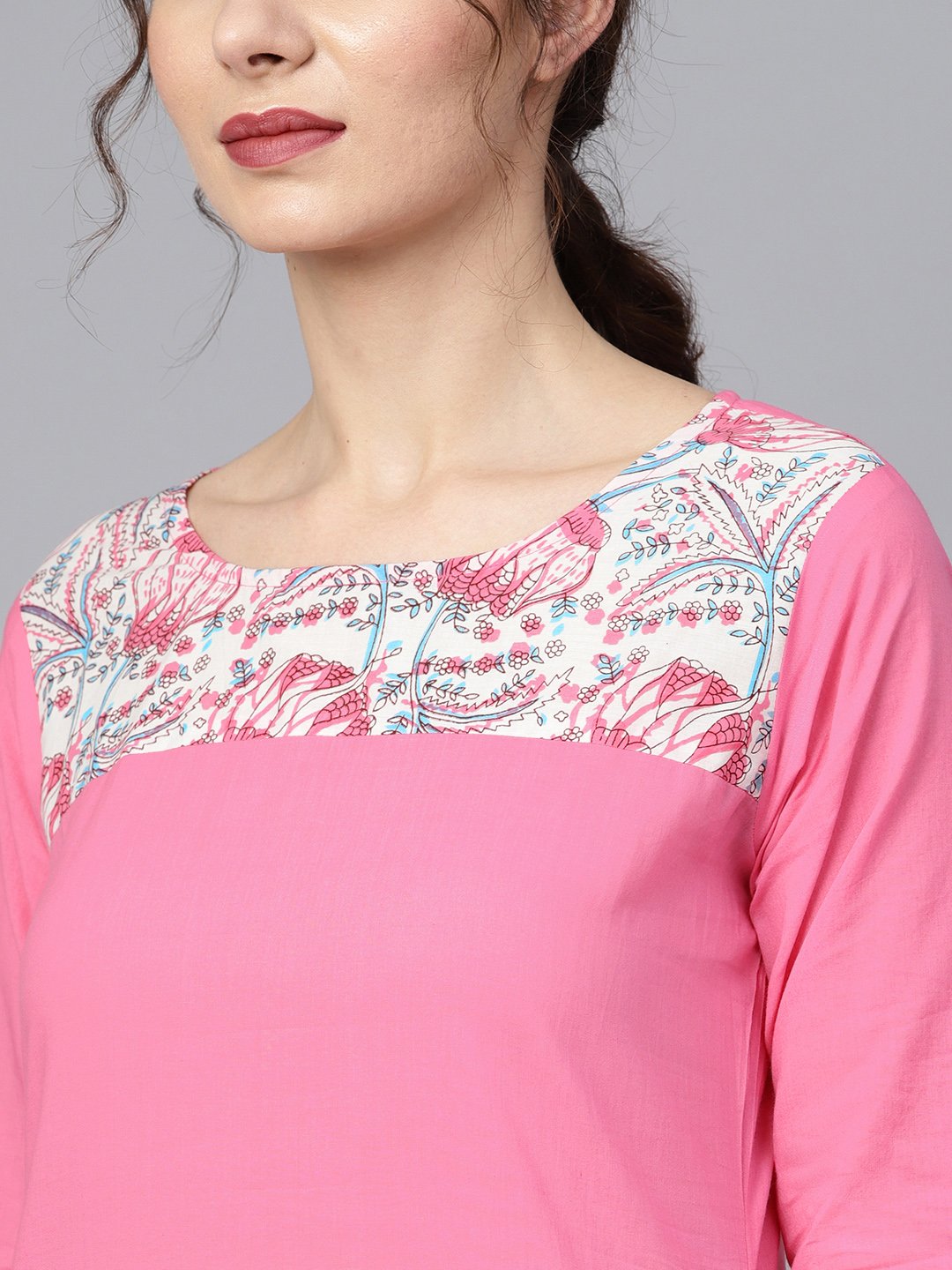 Solid 3/4Th Sleeve Pink Kurta With Printed Shoulder Yoke With Pants & Mul Printed Dupatta | LASVINI - Redefining Indian Fashion with Elegance