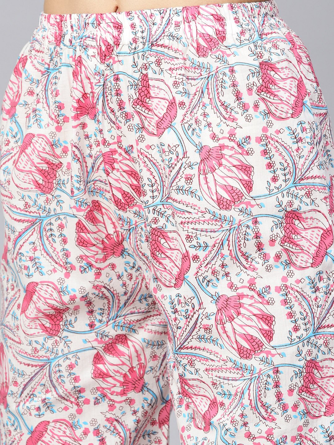 Solid 3/4Th Sleeve Pink Kurta With Printed Shoulder Yoke With Pants & Mul Printed Dupatta | LASVINI - Redefining Indian Fashion with Elegance