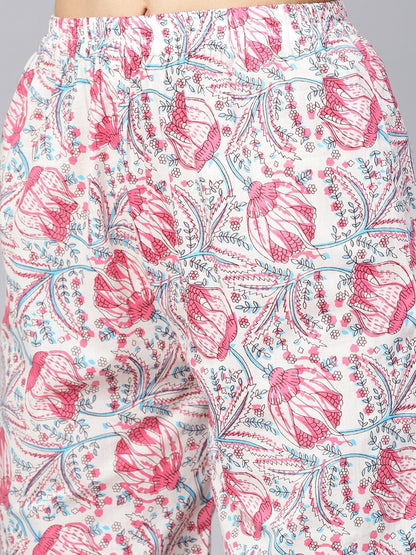 Solid 3/4Th Sleeve Pink Kurta With Printed Shoulder Yoke With Pants & Mul Printed Dupatta | LASVINI - Redefining Indian Fashion with Elegance