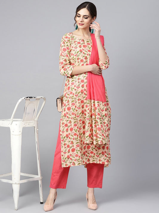 Beige Colored Floral Printed Straight Kurta With Solid Pink Pants & Mul Dupatta | LASVINI - Redefining Indian Fashion with Elegance