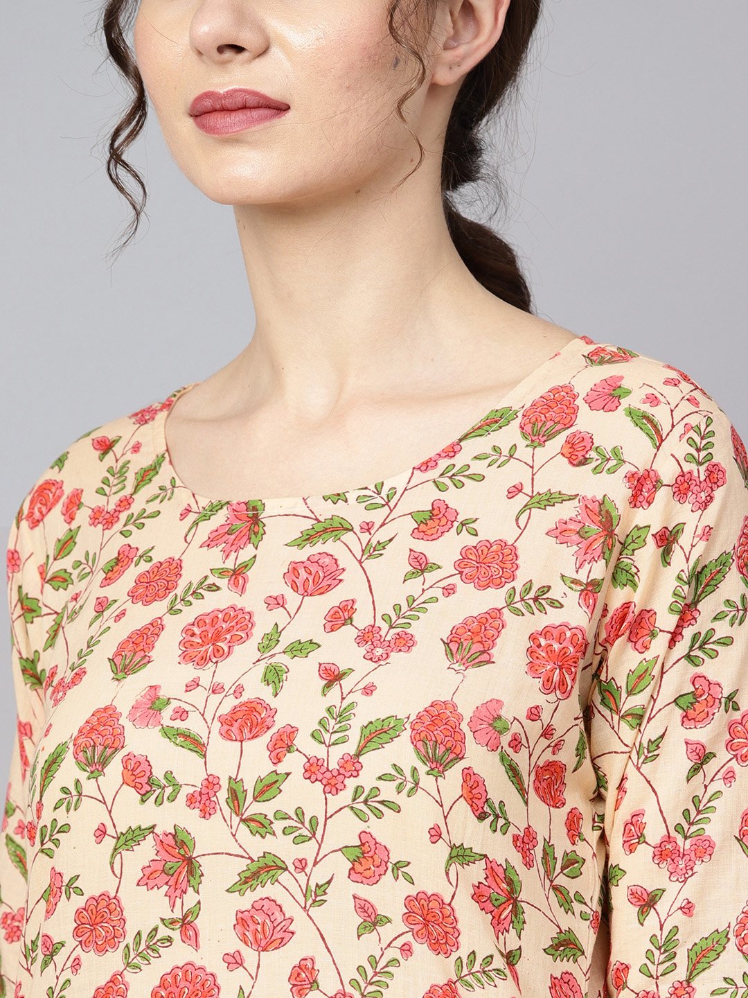 Beige Colored Floral Printed Straight Kurta With Solid Pink Pants & Mul Dupatta | LASVINI - Redefining Indian Fashion with Elegance