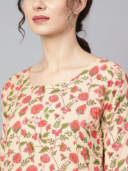 Beige Colored Floral Printed Straight Kurta With Solid Pink Pants & Mul Dupatta | LASVINI - Redefining Indian Fashion with Elegance