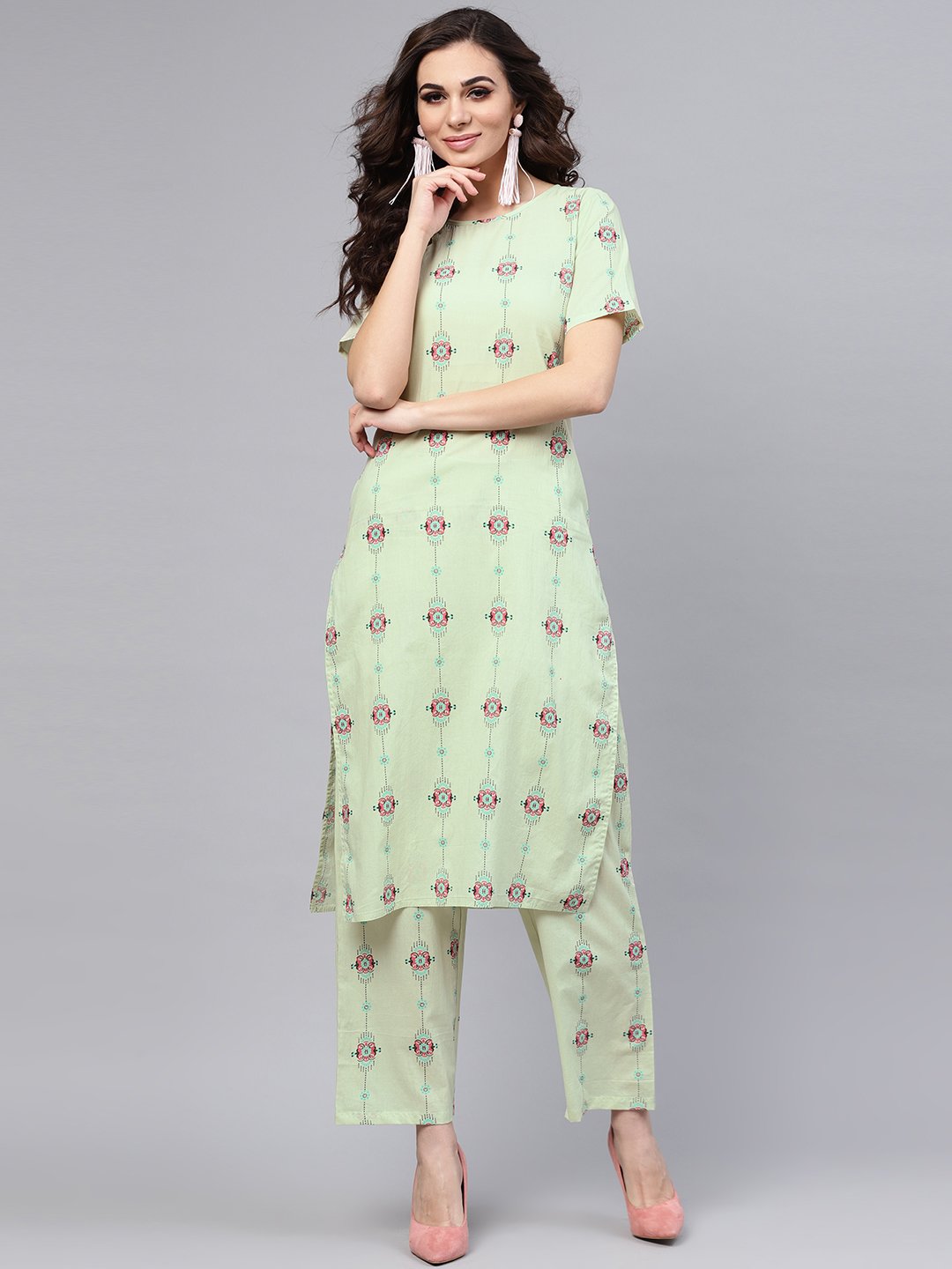 Pastel Green Printed Half Sleeve Staright Kurta With Pants | LASVINI - Redefining Indian Fashion with Elegance