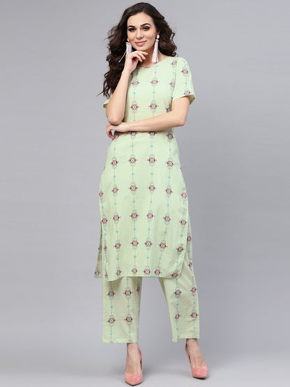 Pastel Green Printed Half Sleeve Staright Kurta With Pants | LASVINI - Redefining Indian Fashion with Elegance