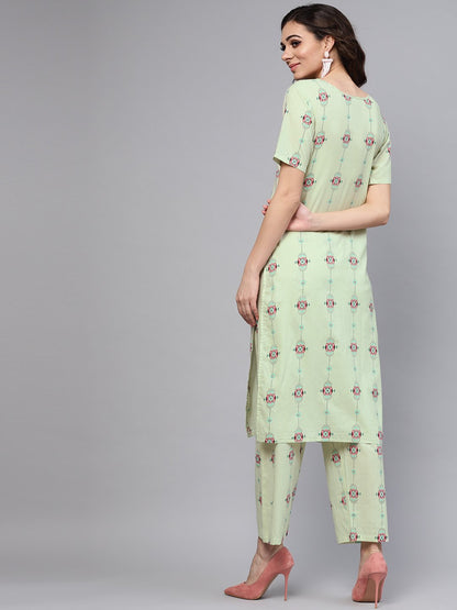 Pastel Green Printed Half Sleeve Staright Kurta With Pants | LASVINI - Redefining Indian Fashion with Elegance