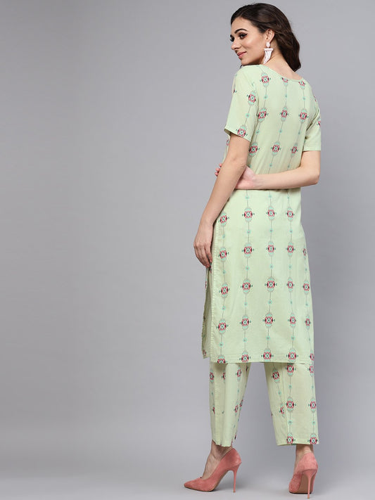 Pastel Green Printed Half Sleeve Staright Kurta With Pants | LASVINI - Redefining Indian Fashion with Elegance