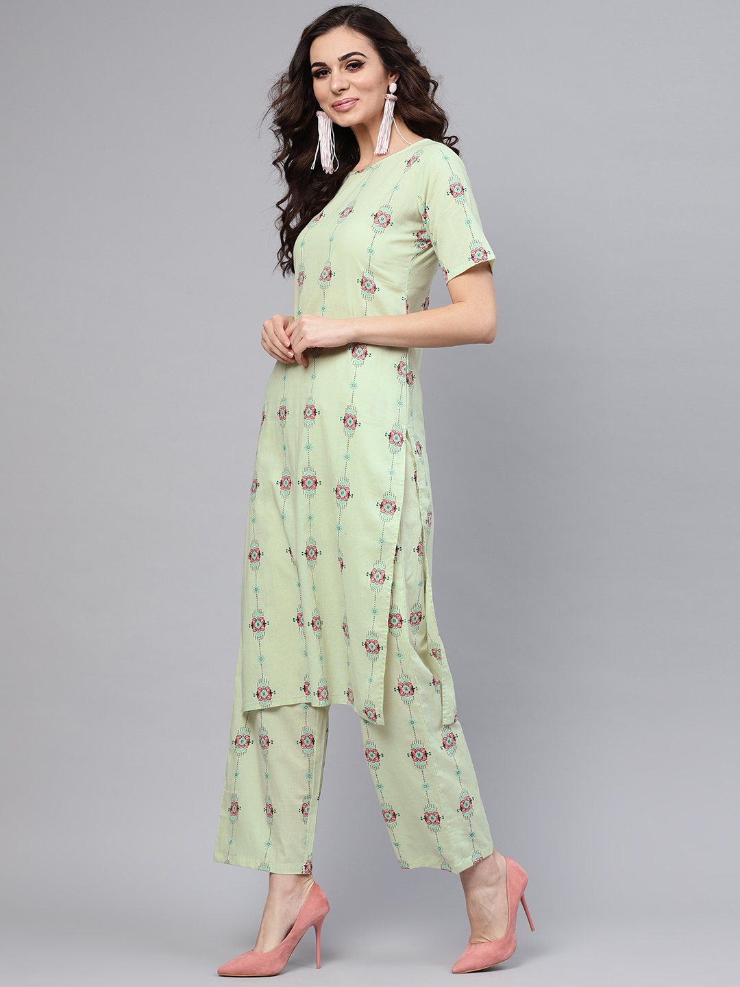 Pastel Green Printed Half Sleeve Staright Kurta With Pants | LASVINI - Redefining Indian Fashion with Elegance