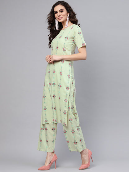 Pastel Green Printed Half Sleeve Staright Kurta With Pants | LASVINI - Redefining Indian Fashion with Elegance