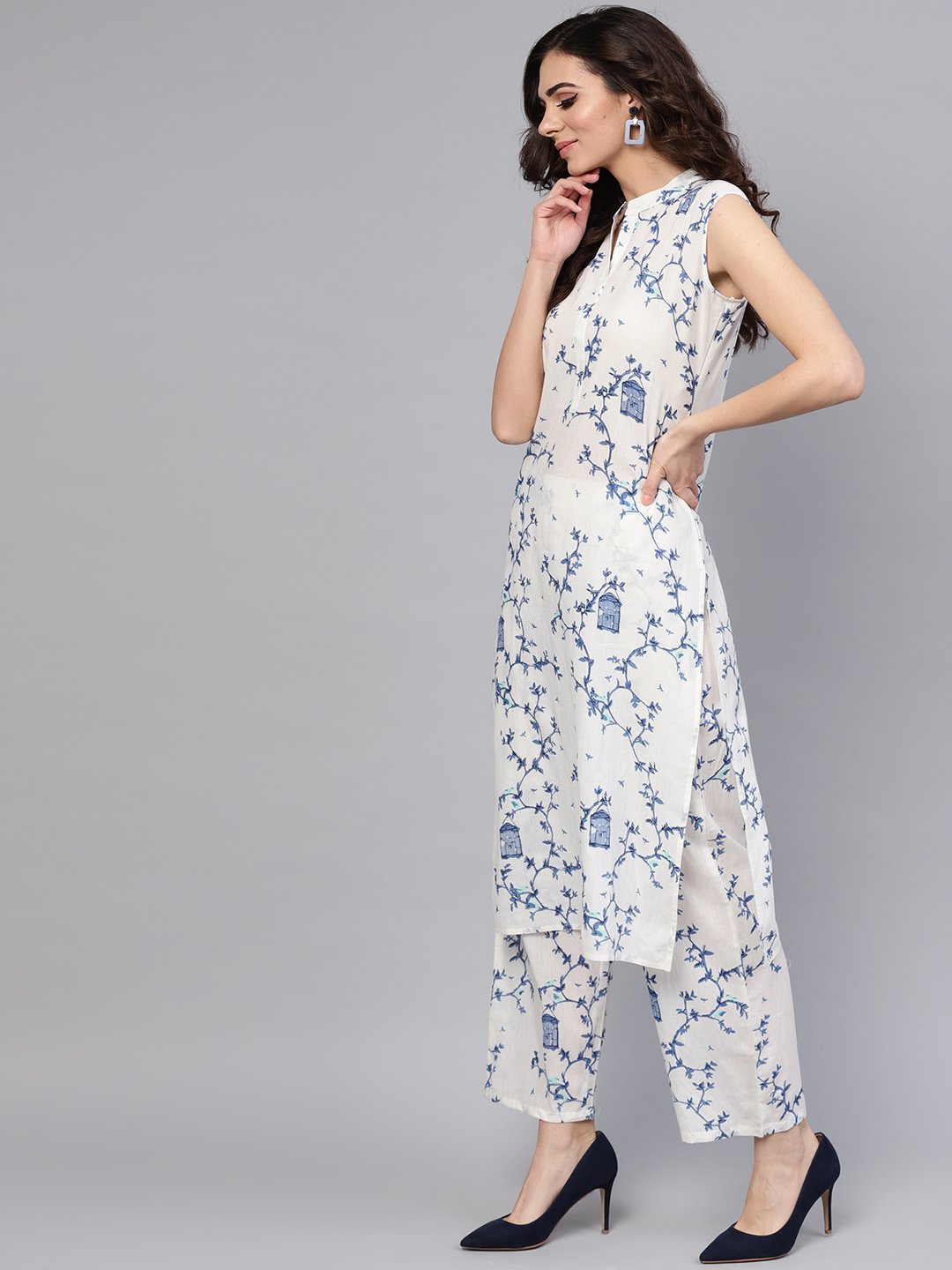 White Printed Sleeveless Kurta With Pant | LASVINI - Redefining Indian Fashion with Elegance