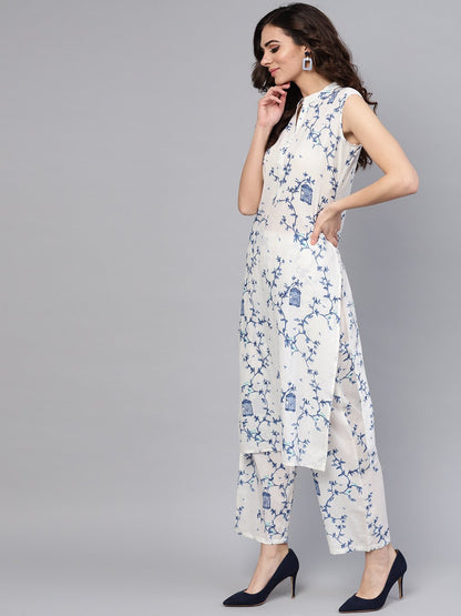 White Printed Sleeveless Kurta With Pant | LASVINI - Redefining Indian Fashion with Elegance