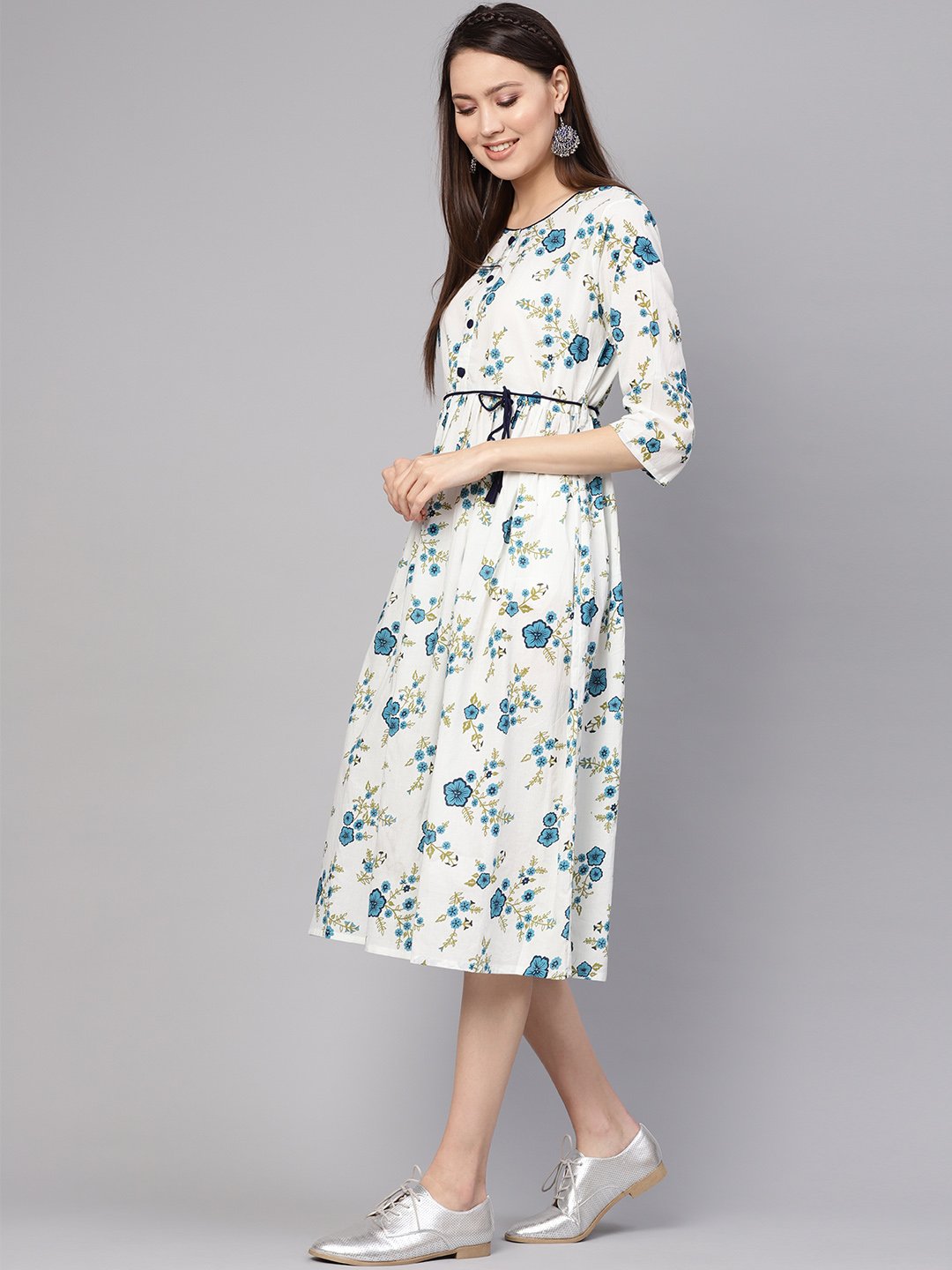 Women White & Blue Printed A-Line Dress | LASVINI - Redefining Indian Fashion with Elegance