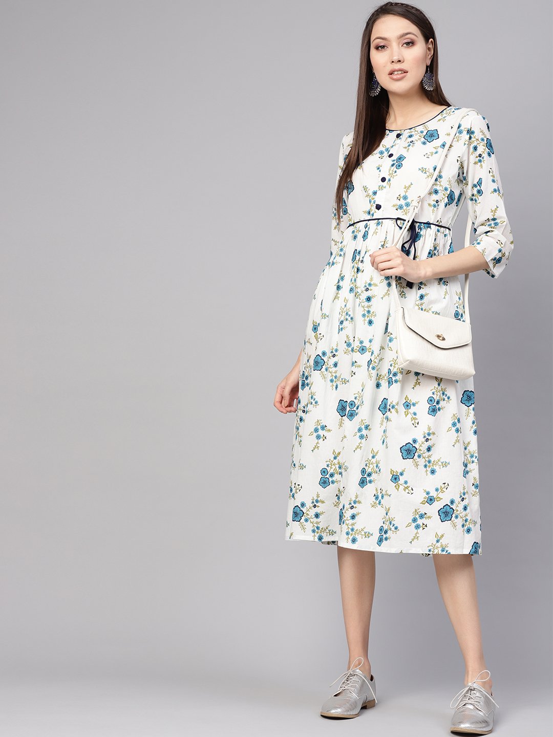 Women White & Blue Printed A-Line Dress | LASVINI - Redefining Indian Fashion with Elegance