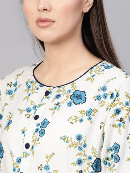 Women White & Blue Printed A-Line Dress | LASVINI - Redefining Indian Fashion with Elegance