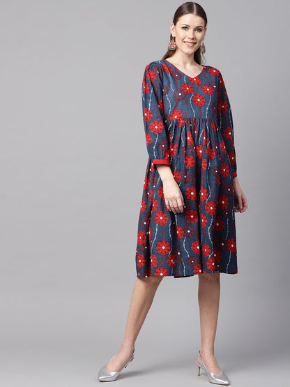 Blue Printed Dress With V Neck & 3/4 Sleeves | LASVINI - Redefining Indian Fashion with Elegance