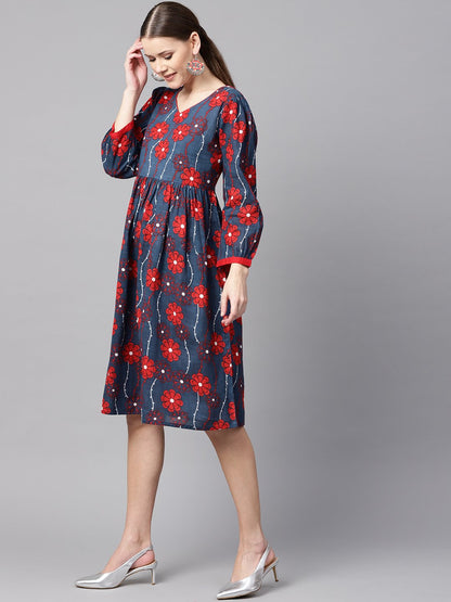 Blue Printed Dress With V Neck & 3/4 Sleeves | LASVINI - Redefining Indian Fashion with Elegance