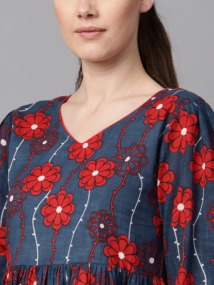 Blue Printed Dress With V Neck & 3/4 Sleeves | LASVINI - Redefining Indian Fashion with Elegance