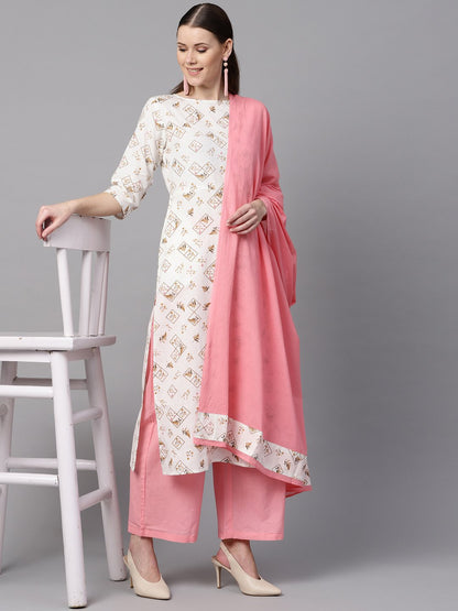 White Printed 3/4Th Sleeve Kurta With Solid Baby Pink Palazzo & Dupatta | LASVINI - Redefining Indian Fashion with Elegance