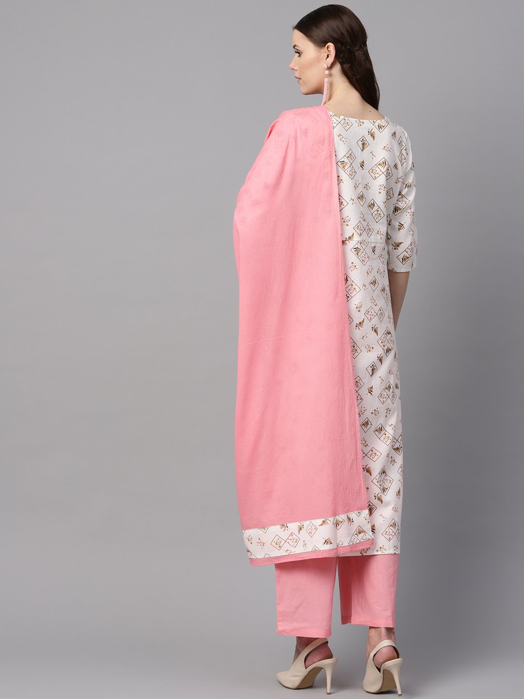 White Printed 3/4Th Sleeve Kurta With Solid Baby Pink Palazzo & Dupatta | LASVINI - Redefining Indian Fashion with Elegance