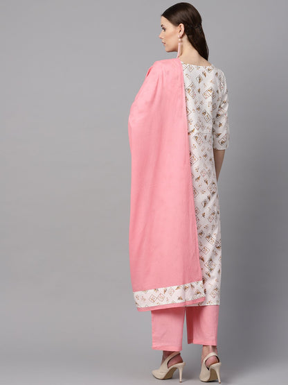 White Printed 3/4Th Sleeve Kurta With Solid Baby Pink Palazzo & Dupatta | LASVINI - Redefining Indian Fashion with Elegance