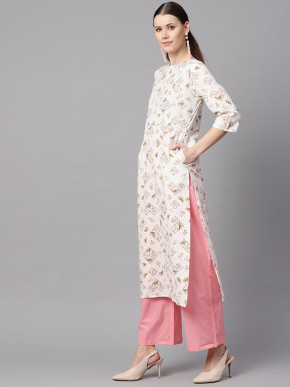 White Printed 3/4Th Sleeve Kurta With Solid Baby Pink Palazzo & Dupatta | LASVINI - Redefining Indian Fashion with Elegance