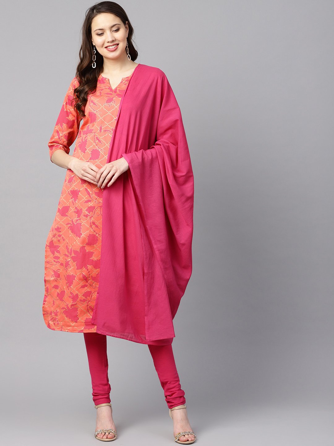 Women Peach-Coloured & Pink Printed Kurta With Churidar & Dupatta | LASVINI - Redefining Indian Fashion with Elegance