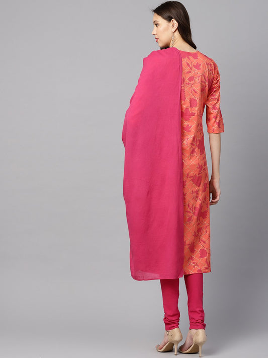 Women Peach-Coloured & Pink Printed Kurta With Churidar & Dupatta | LASVINI - Redefining Indian Fashion with Elegance